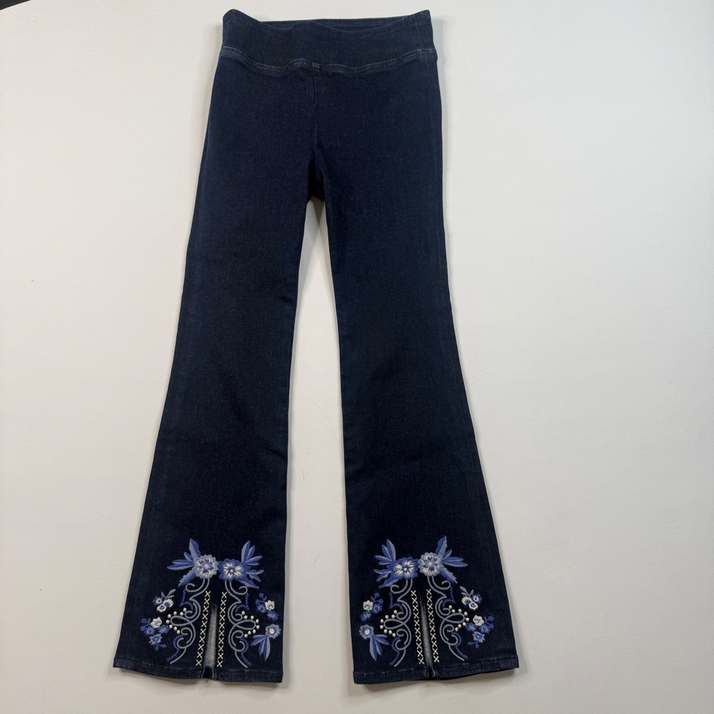 Johnny Was Embroidered Katie Slit Denim Leggings Women XS Dark Blue Floral Flare